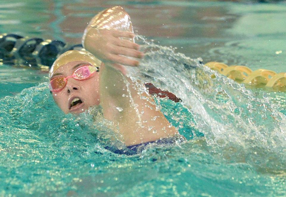 Sacred Heart-Griffin's Mac Gibbs swims during practice on Wednesday, Nov. 1, 2023.