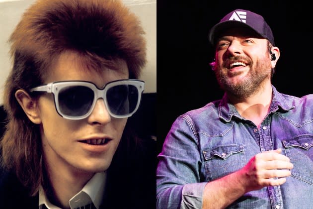 David Bowie's "Rebel Rebel" appears in Chris Young's Number One song "Young Love & Saturday Nights," giving Bowie his first ever country chart-topper. - Credit: Anwar Hussein/Getty Images; Erika Goldring/Getty Images