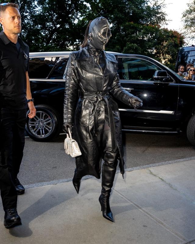Kim Kardashian was unrecognizable in New York, dressed in a leather outfit  that zipped shut over her face and eyes, covering her from head to toe -  Yahoo Sports