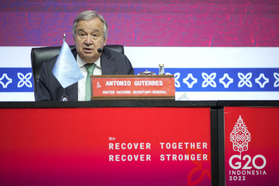 United Nations Secretary General Antonio Guterres speaks ahead of the G20 Summit in Bali, Indonesia, Monday, Nov. 14, 2022. (AP Photo/Achmad Ibrahim)