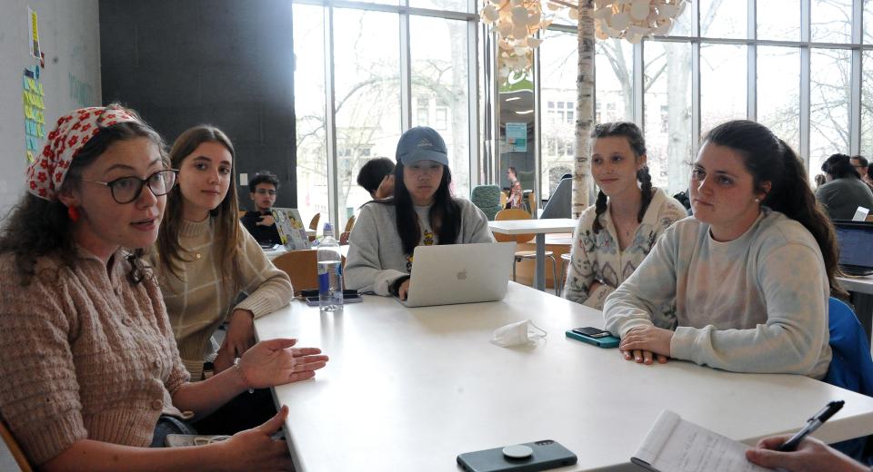 (Left to right) First-year students at the College of Wooster Madison Ackley, Alexa Michael, Kyra Martino, Katherine Shue and Lilly Hinkley hope to save the Compton home and turn it into a museum.