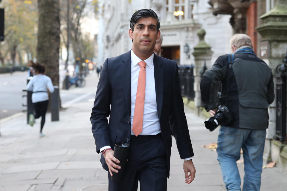 Chancellor of the Exchequer Rishi Sunak leaves Millbank broadcasting studios in Westminster, central London, after a round of media interviews following Wednesday's Spending Review aimed at dealing with the economic impact of the coronavirus crisis. (Photo by Yui Mok/PA Images via Getty Images)