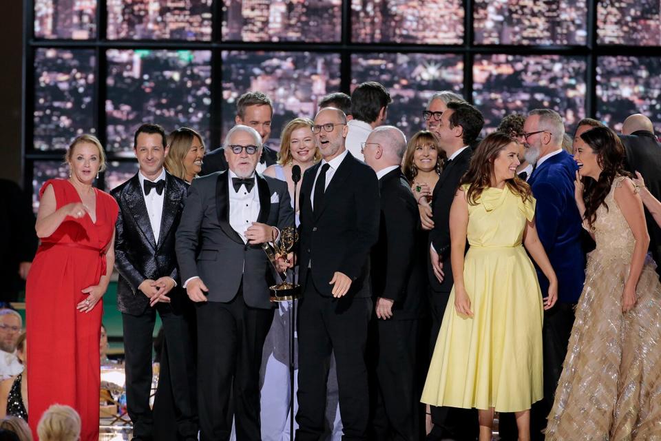 Jesse Armstrong accepts the Outstanding Drama Series award for "Succession" along with the cast and crew on stage during the 74th Annual Primetime Emmy Awards held at the Microsoft Theater on September 12, 2022