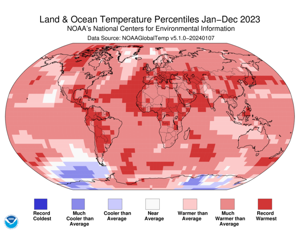 Map showing temperature extremes in 2023.