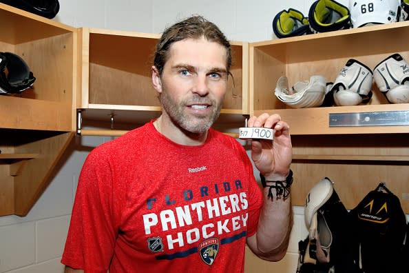 SAN JOSE, CA - FEBRUARY 15: Jaromir Jagr #68 of the Florida Panthers shows the puck used after getting his 1900th NHL career point on his 45th birthday during a NHL game against the San Jose Sharks at SAP Center at San Jose on February 15, 2017 in San Jose, California. (Photo by Don Smith/NHLI via Getty Images)