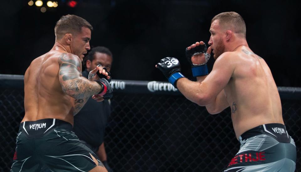 Saint-Denis’ upcoming opponent Dustin Poirier (left) in action against Justin Gaethje in July (Getty)