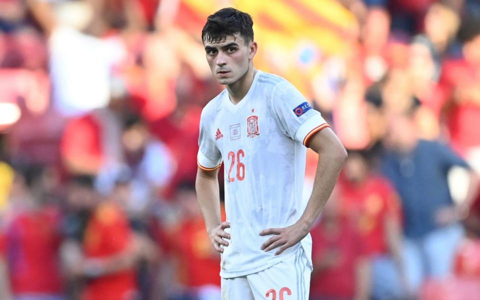 Soccer Football - Euro 2020 - Round of 16 - Croatia v Spain - Parken Stadium, Copenhagen, Denmark - June 28, 2021 Spain's Pedri reacts