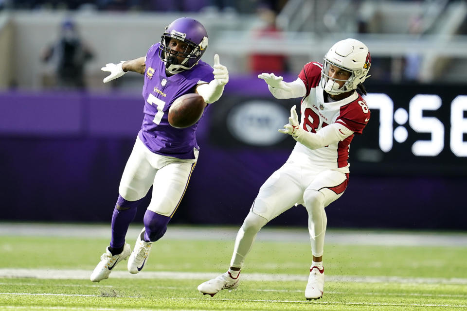 Minnesota Vikings cornerback Patrick Peterson (7) breaks up a pass intended for Arizona Cardinals wide receiver Robbie Anderson (81) during the second half of an NFL football game, Sunday, Oct. 30, 2022, in Minneapolis. (AP Photo/Abbie Parr)