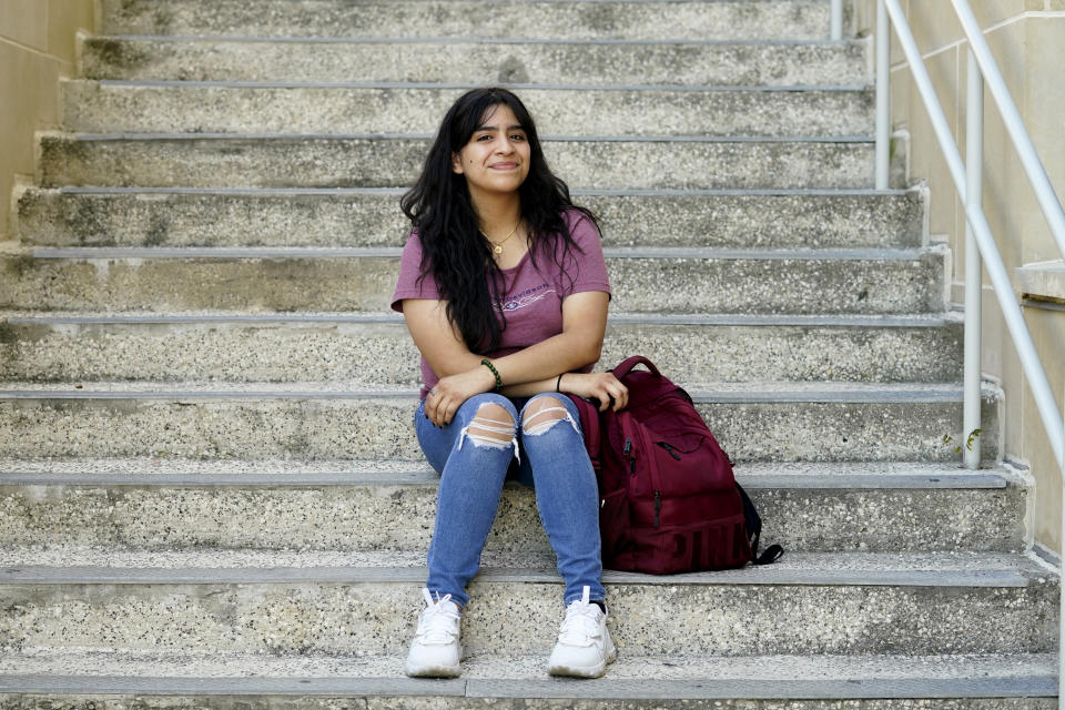 Veronika Granado, a student at UTSA, poses for a photo on campus, Monday, Oct. 4, 2021, in San Antonio. Granado had an abortion when she was 17 and living in the Rio Grande Valley and because she was underage, she had to get a judge to sign off on her abortion. With the new 6-week ban in Texas and efforts to replicate elsewhere, teens are looking at almost no possibility of getting an abortion in time. (AP Photo/Eric Gay)