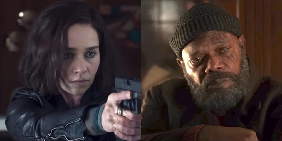 On the left: Emilia Clarke in the first trailer for "Secret Invasion." On the right: Samuel L. Jackson in the first trailer for "Secret Invasion."