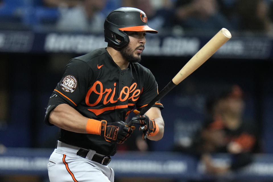 Baltimore Orioles' Anthony Santander watches his double off Tampa Bay Rays starting pitcher Corey Kluber during the sixth inning of a baseball game Friday, Aug. 12, 2022, in St. Petersburg, Fla. (AP Photo/Chris O'Meara)