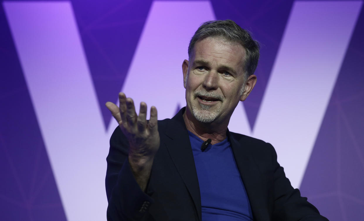 Founder and CEO of Netflix Reed Hastings gestures during a keynote at the Mobile World Congress in Barcelona, Spain, Monday, Feb. 27, 2017. The Mobile World Congress will be held 27 Feb. to 2 March. (AP Photo/Manu Fernandez)