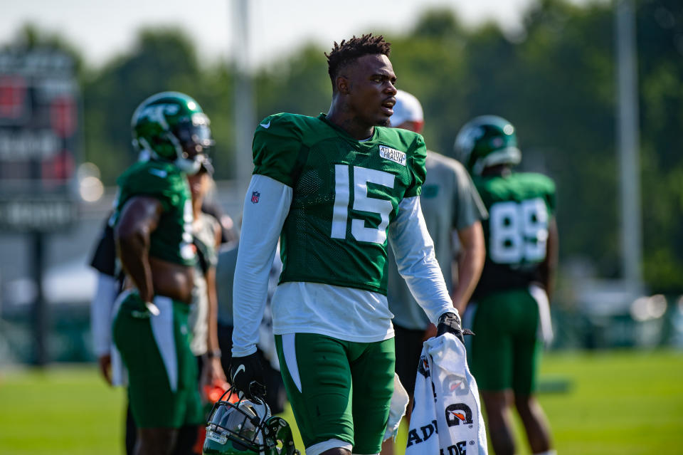 FLORHAM PARK, NJ - JULY 29: New York Jets wide receiver Josh Bellamy (15) during New York Jets Training Camp on July 29, 2019 at the Atlantic Health Jets Training Facility in Florham Park, NJ (Photo by John Jones/Icon Sportswire via Getty Images)