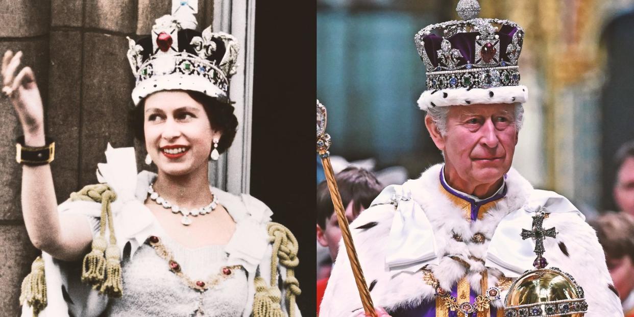 two side by side comparison photos of queen elizabeth ii on her coronation day and king charles iii