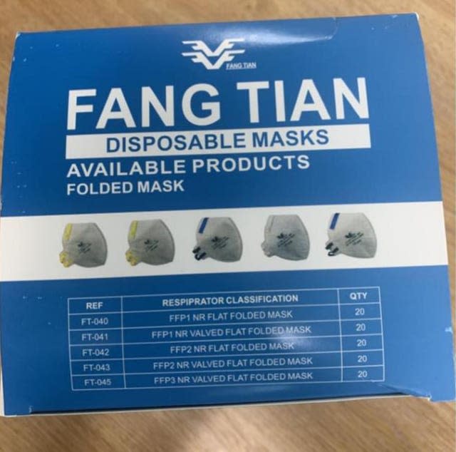 Masks issued to NHS workers branded Fang Tian and supplied by Polyco Healthline, which may not meet safety standards, the Government has warned