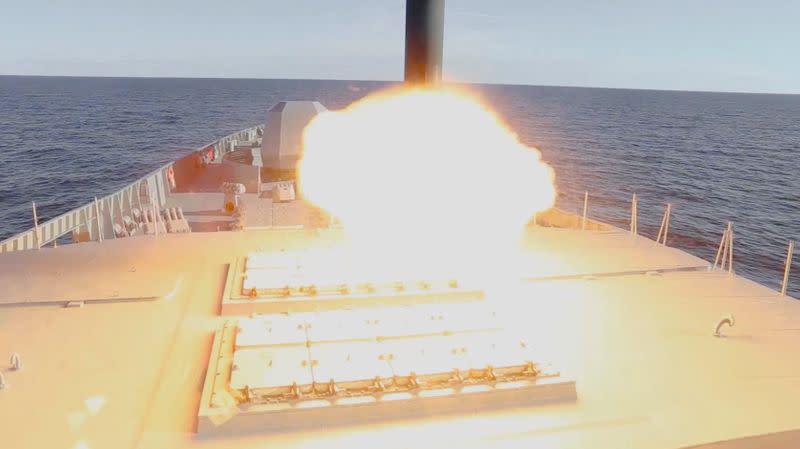 Tsirkon (Zircon) hypersonic cruise missile is launched from the Russian guided missile frigate Admiral Gorshkov during a test in the White Sea