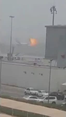 A still picture taken from an amateur video shows the moment an explosion occurs on an Emirates Airline airplane, on the tarmac of Dubai airport, the UAE August 3, 2016. Scott Macpherson/Handout via REUTERS TV