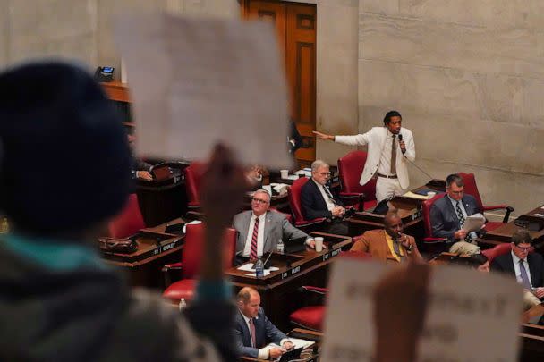 PHOTO: Rep. Justin Jones speaks at the statehouse, as Republicans who control the Tennessee House of Representatives prepare to vote on whether to expel three Democratic members, in Nashville, Tenn., April 6, 2023. (Cheney Orr/Reuters)