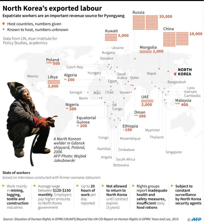 Map showing countries which host North Korean labourers, according to reports by UN and academics