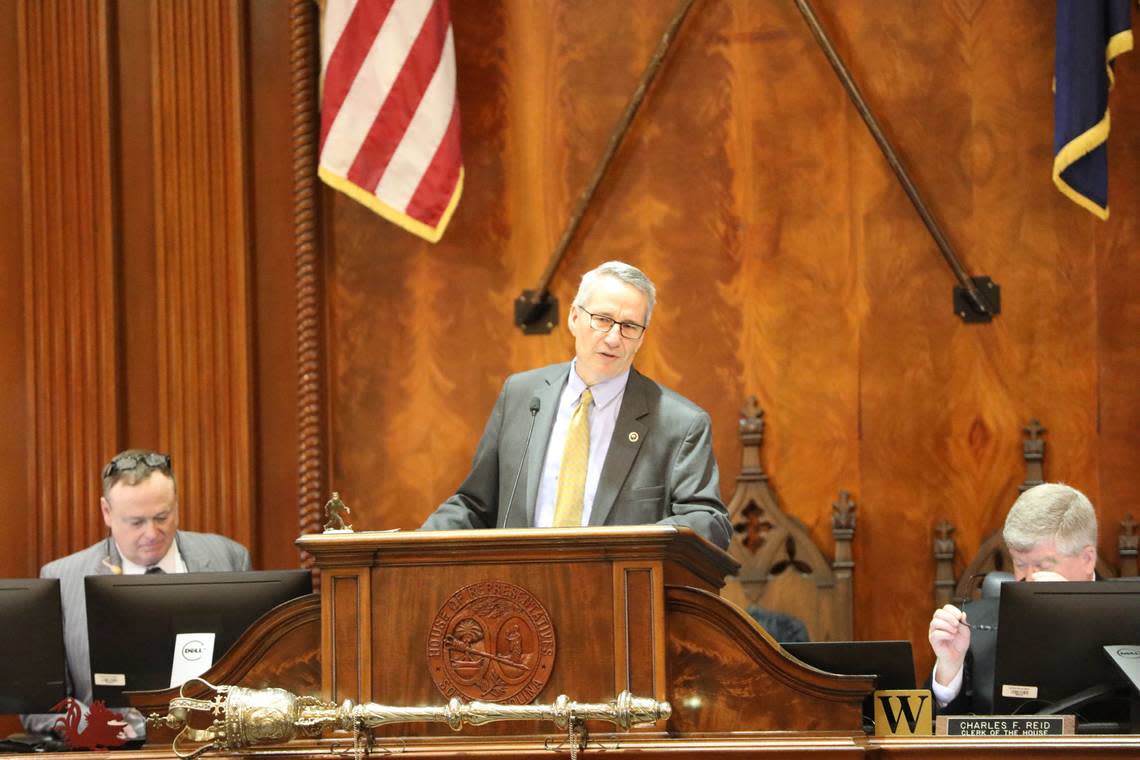 South Carolina Republican House Speaker Pro Tem Tommy Pope speaks after being reelected to his leadership post on Tuesday, Dec. 6, 2022, in the House chambers in Columbia, South Carolina. (AP Photo/Jeffrey Collins)