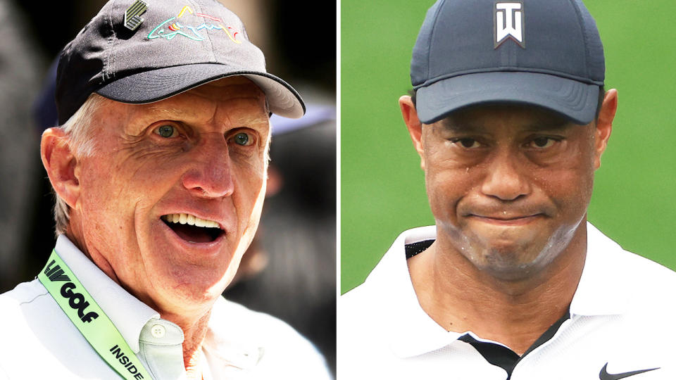 Greg Norman (pictured left) and Tiger Woods (pictured right) were reportedly not included in the talks when LIV Golf and the PGA Tour merged. (Getty Images)