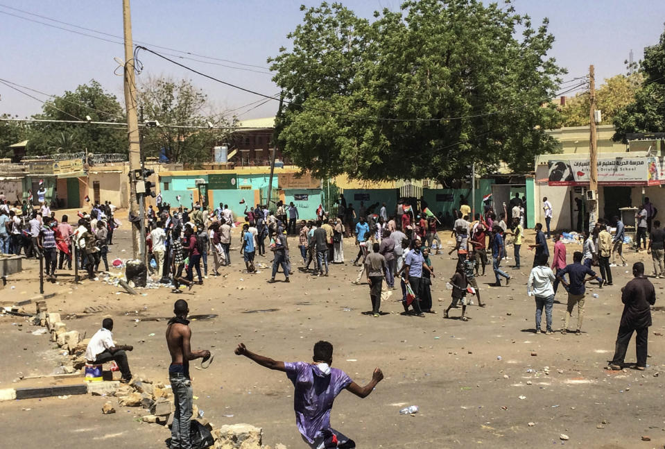 Sudanese protesters gather near the military headquarters, Sunday, April 7, 2019, in the capital Khartoum, Sudan. Organizers behind anti-government demonstrations in Sudan said Sunday that security forces have killed at least five protesters in the last twenty-four hours. The current wave of unrest erupted in December, initially over price hikes and shortages of food and fuel, but the demonstrations quickly morphed into calls for the overthrow of President Omar al-Bashir. (AP Photo)