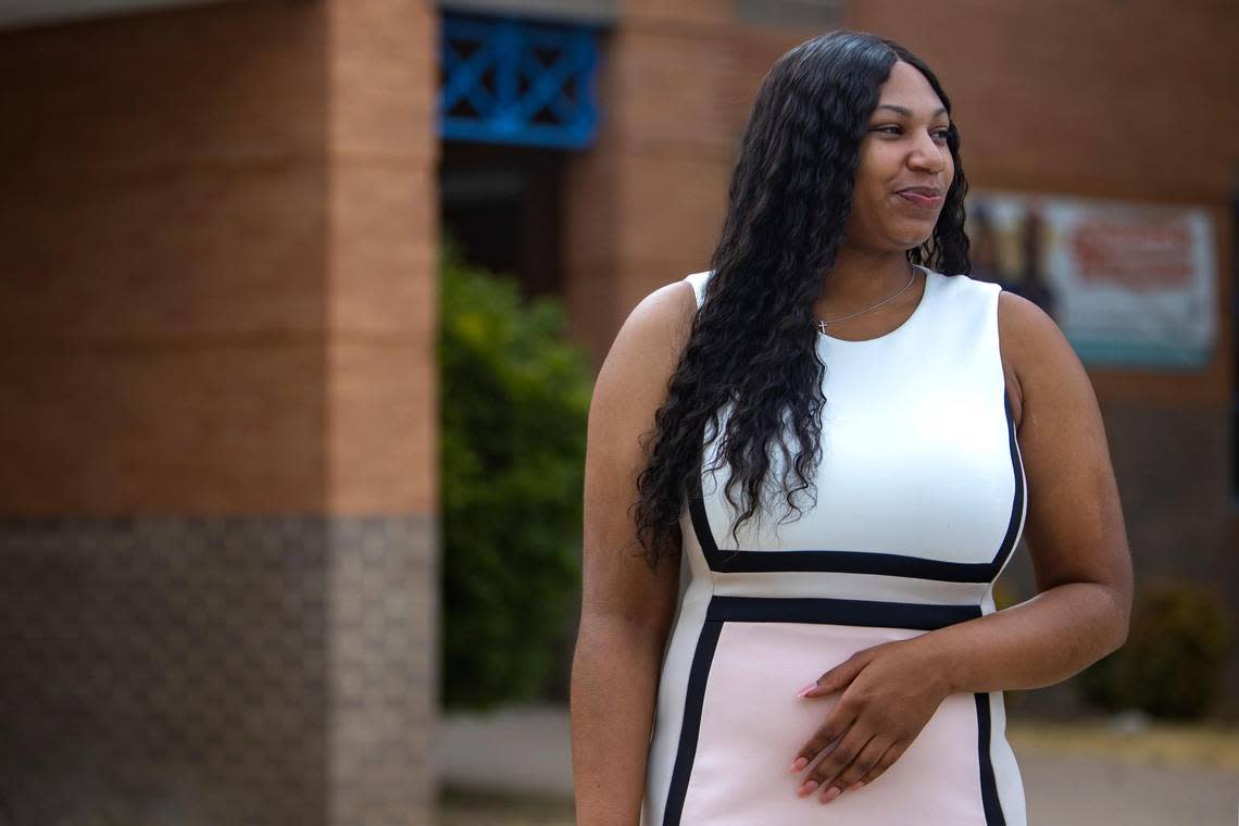 First-year teacher Shaquila Anderson outside of her new school, Bill J. Elliott Elementary School, on June 21, 2022, in Fort Worth, Texas.