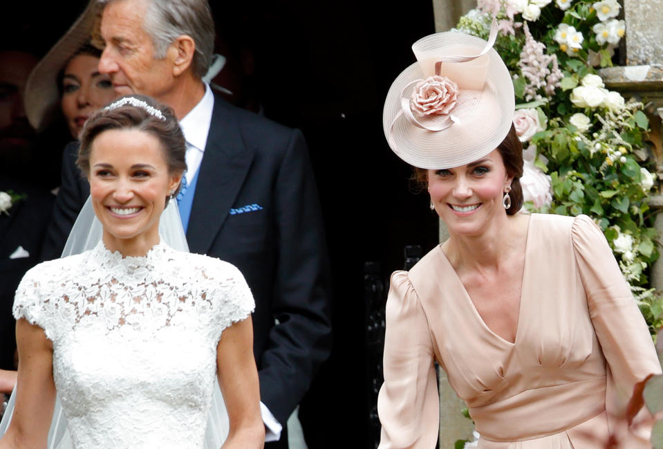 ENGLEFIELD GREEN, UNITED KINGDOM - MAY 20: (EMBARGOED FOR PUBLICATION IN UK NEWSPAPERS UNTIL 48 HOURS AFTER CREATE DATE AND TIME) Pippa Middleton leaves St Mark's Church accompanied by Catherine, Duchess of Cambridge after her wedding on May 20, 2017 in Englefield Green, England. (Photo by Max Mumby/Indigo/Getty Images)