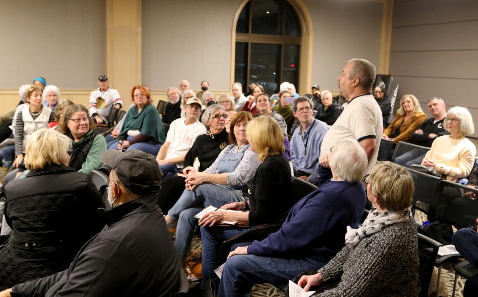 Mark Huffman, longtime resident of Portage Manor, speaks Monday, March 6, 2023, at the Save Portage Manor town hall at the St. Joseph County Public Library sponsored by the local chapter of the NAACP.