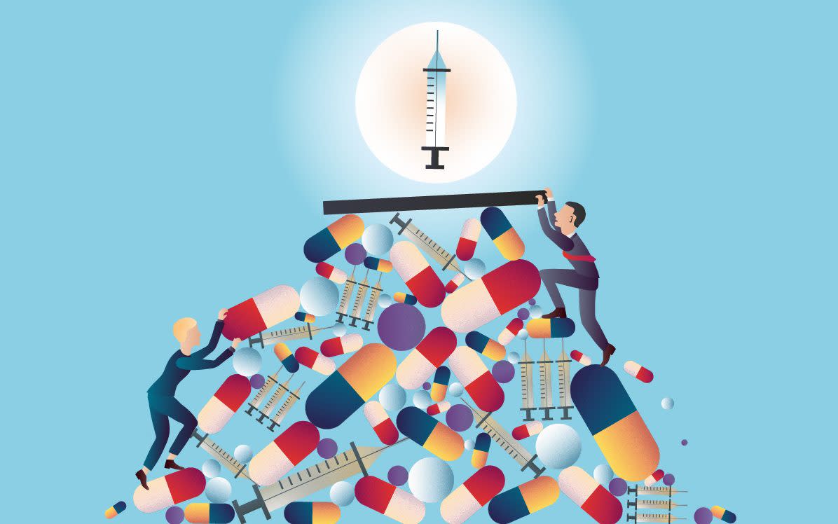 People climbing a mountain of drugs syringes and tablets - The Telegraph