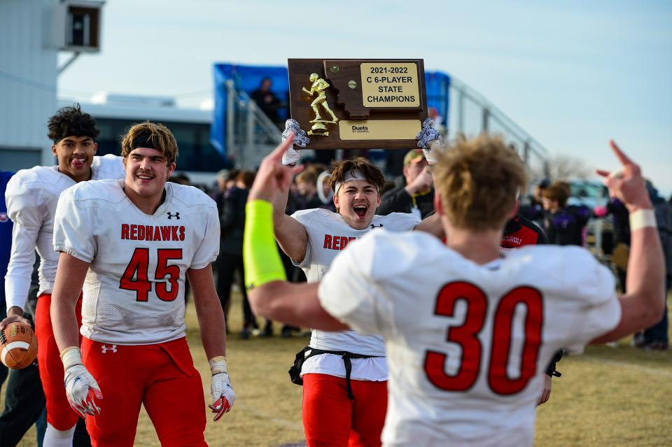 Froid/Medicine Lake celebrates their 6-player football championship after defeating Power/Dutton/Brady on Saturday in Dutton.