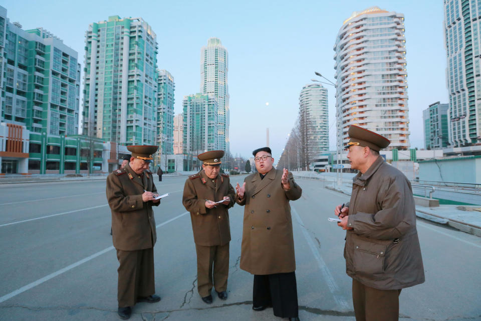 North Korean leader Kim Jong Un provides field guidance at the construction site of Ryomyong Street in this undated picture provided by KCNA in Pyongyang on March 16, 2017. KCNA/via ReutersATTENTION EDITORS - THIS IMAGE WAS PROVIDED BY A THIRD PARTY. EDITORIAL USE ONLY. REUTERS IS UNABLE TO INDEPENDENTLY VERIFY THIS IMAGE. SOUTH KOREA OUT. NO THIRD PARTY SALES. NOT FOR USE BY REUTERS THIRD PARTY DISTRIBUTORS.Ê     TPX IMAGES OF THE DAY