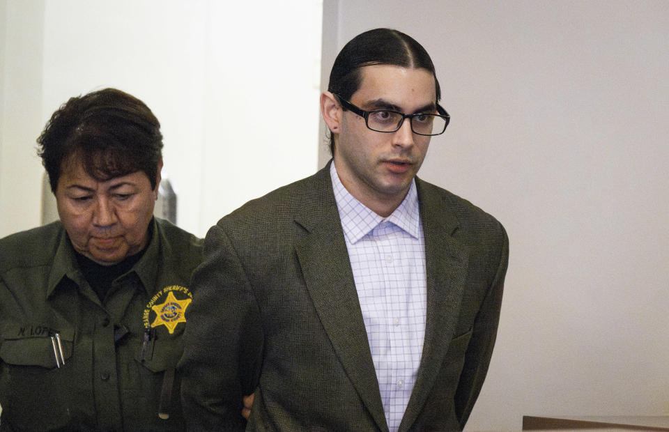 Defendant Marcus Eriz appears in court in Santa Ana, Calif. on Thursday, Jan. 25, 2024 A jury convicted the California man of murder for shooting to death a 6-year-old boy who was riding in the back of his mother's car on a busy freeway. (Paul Bersebach/The Orange County Register via AP)