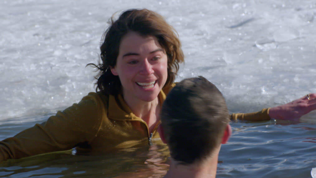 The ice water challenge: Maslany hits the cold stuff in Running Wild with Bear Grylls. (National Geographic