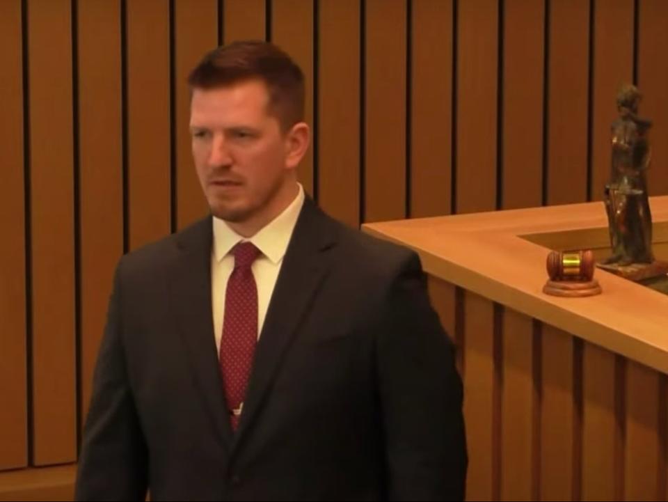 Deputy District Attorney Shawn Overstreet delivers his opening argument at Nancy Brophy’s trial on 4 April 2022 (YouTube/KGW News)