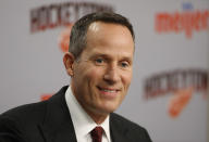 Chris Ilitch, Detroit Red Wings president and CEO, speaks before the team's NHL hockey game against the Toronto Maple Leafs, Thursday, Oct. 11, 2018, in Detroit. Ilitch announced the Red Wings will be retiring the No. 4 in honor of former player Red Kelly. (AP Photo/Paul Sancya)