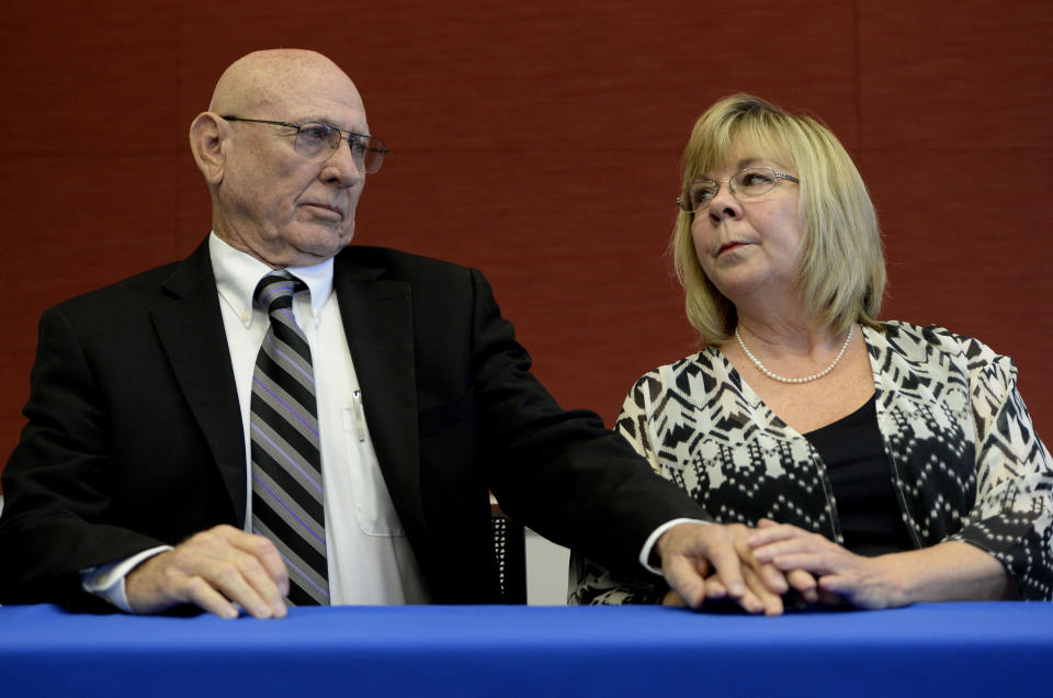 DENVER, CO. - SEPTEMBER 16:  Lonnie and Sandy Phillips during a press conference at Arnold and Porter LLP in Denver, CO, September 16, 2014. The Brady Center to Prevent Gun Violence announced a lawsuit against Lucky Gunner and other online retailers of lethal and dangerous products on behalf of Lonnie and Sandy Phillips. Their daughter Jessica Ghawi was  killed in the Aurora theater shooting July 20, 1012. (Photo By Craig F. Walker / The Denver Post)
