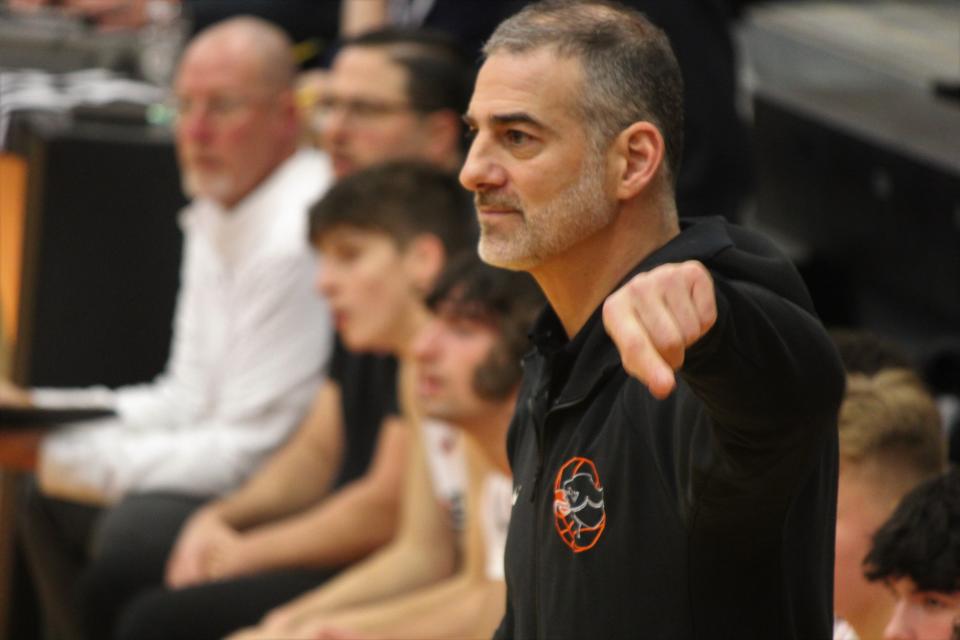 Bethel Park head coach Dante Calabria directs his player during a game in early January.