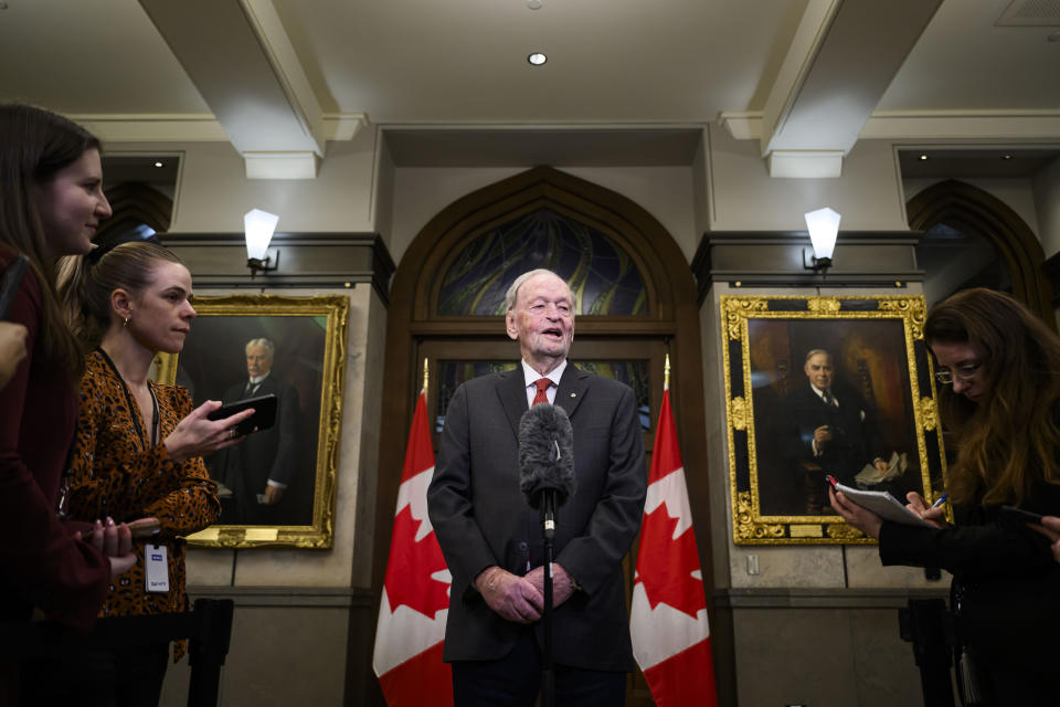 Former Prime Minister Jean Chretien speaks about former Prime Minister Brian Mulroney, who died at the age of 84, in the Foyer of the House of Commons on Parliament Hill in Ottawa, Ontario, Thursday, Feb. 29, 2024. (Justin Tang/The Canadian Press via AP)