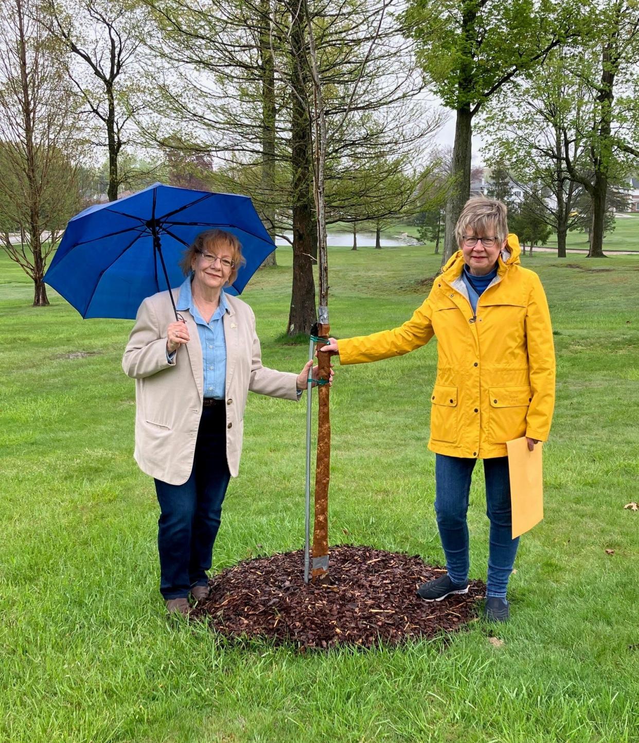 Christy Ballor, wife of honoree Jim Ballor, and Pat Stone from the Alliance Shade Tree Commission show off a tree planted in honor of Arbor Day.