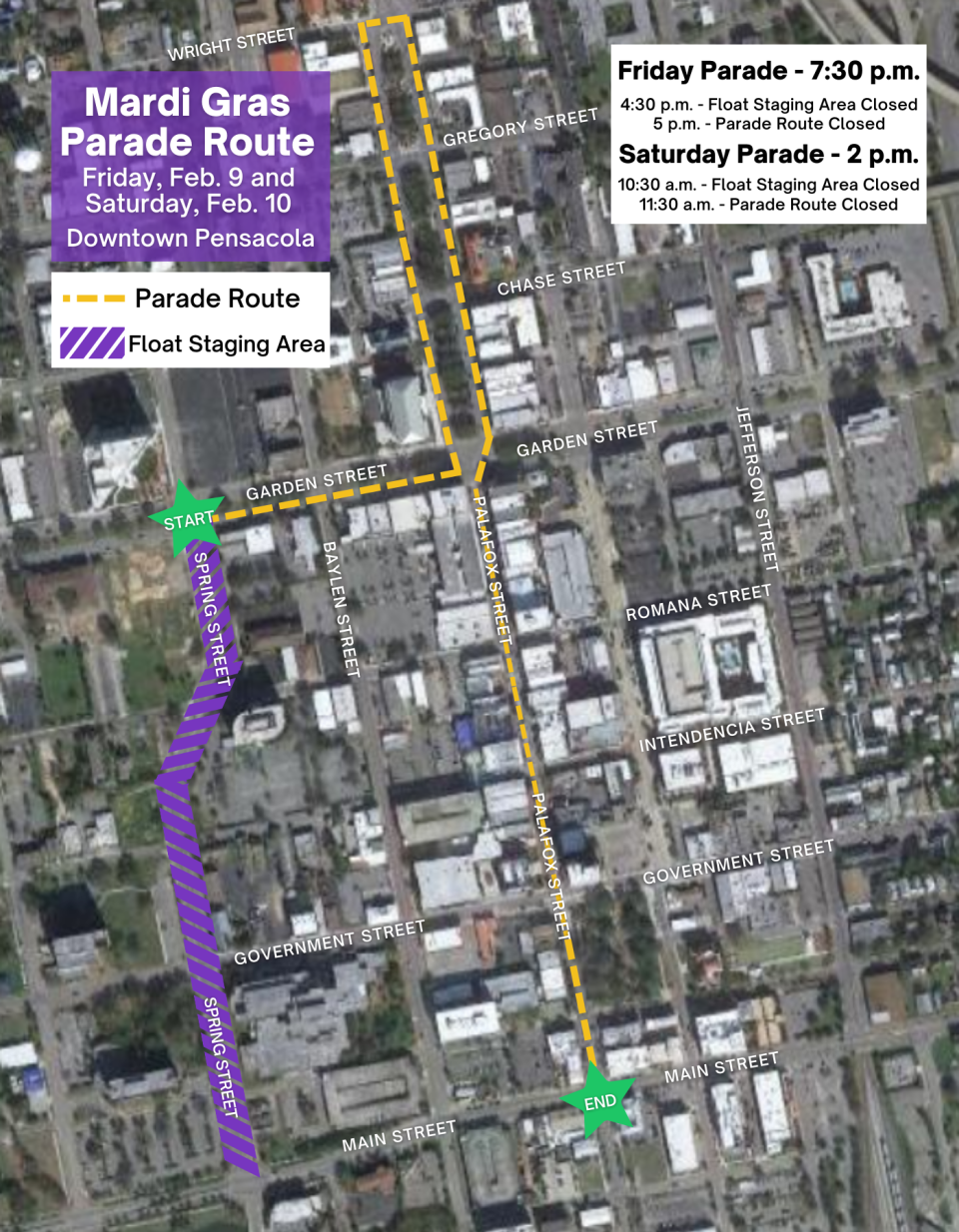 The route for Pensacola's Mardi Gras Parade on Saturday, Feb. 10, 2024.