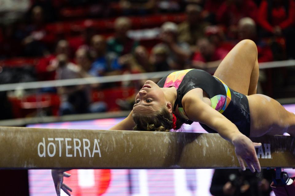 Camie Winger performs her bar routine during the Red Rocks Preview at the Jon M. Huntsman Center in Salt Lake City on Friday, Dec. 15, 2023. | Megan Nielsen, Deseret News