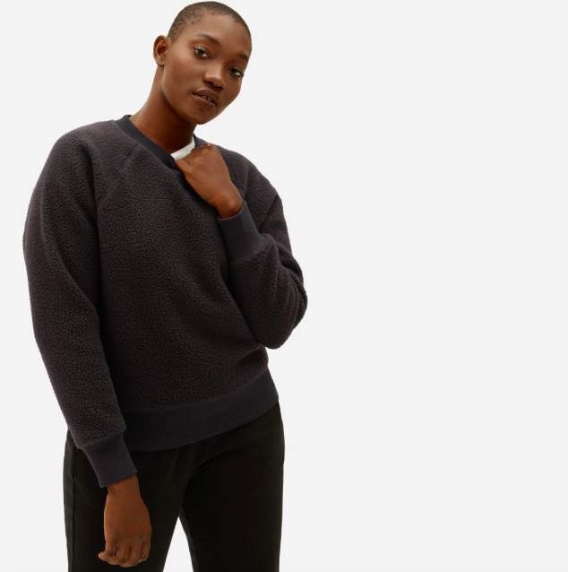 The ReNew Fleece Raglan Sweatshirt in Black. Image via Everlane.