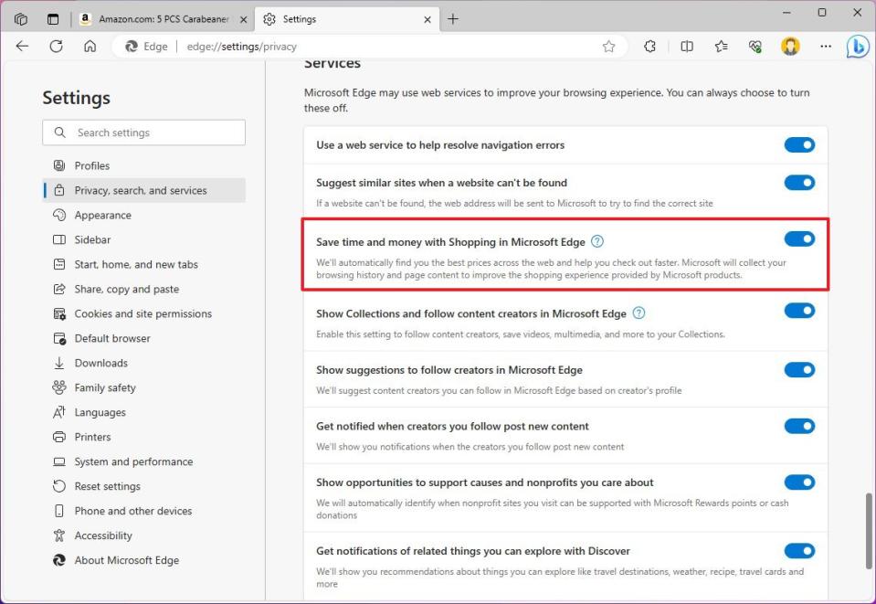 Microsoft Edge enable shopping