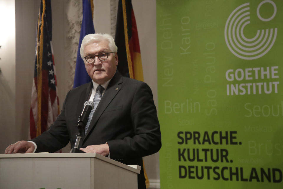 German President Frank-Walter Steinmeier speaks at the Goethe Institute,Thursday, Oct. 31, 2019, in Boston. (AP Photo/Elise Amendola)