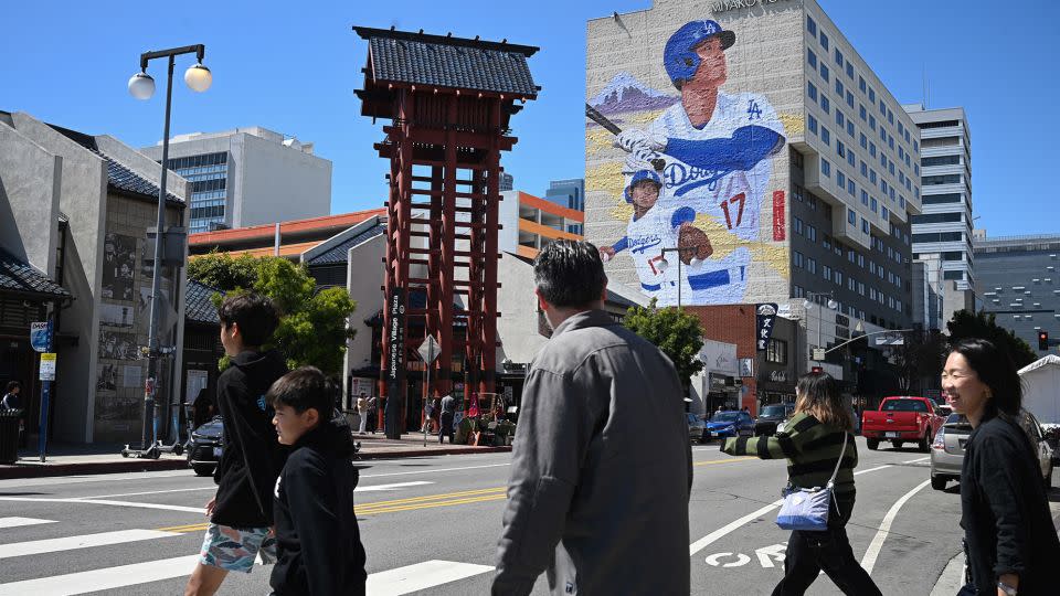 A mural showing Los Angeles Dodgers player Shohei Ohtani is painted on the side of the Miyako Hotel in Little Tokyo in downtown Los Angeles. - Robyn Beck/AFP/Getty Images