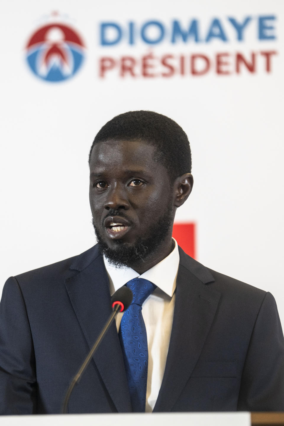 Bassirou Diomaye Faye holds a press conference after winning the presidential elections in Dakar, Senegal, Monday, March 25, 2024. (AP Photo/Mosa'ab Elshamy)