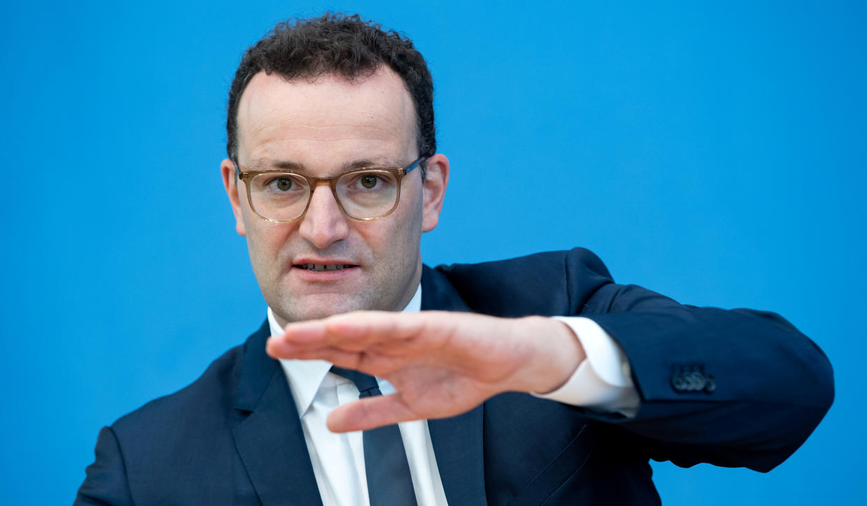 German Health Minister Jens Spahn attends a news conference to give an update on a smartphone app that allows users to evaluate their risk of being exposed to the coronavirus in Berlin, Germany, September 23, 2020.      Bernd von Jutrczenka/Pool via REUTERS