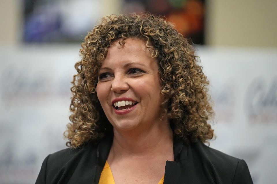 Utah 2nd Congressional District Republican nominee Celeste Maloy speaks to reporters before an election night party at the Utah Trucking Association, Tuesday, Nov. 21, 2023, in West Valley City, Utah. (AP Photo/Rick Bowmer)