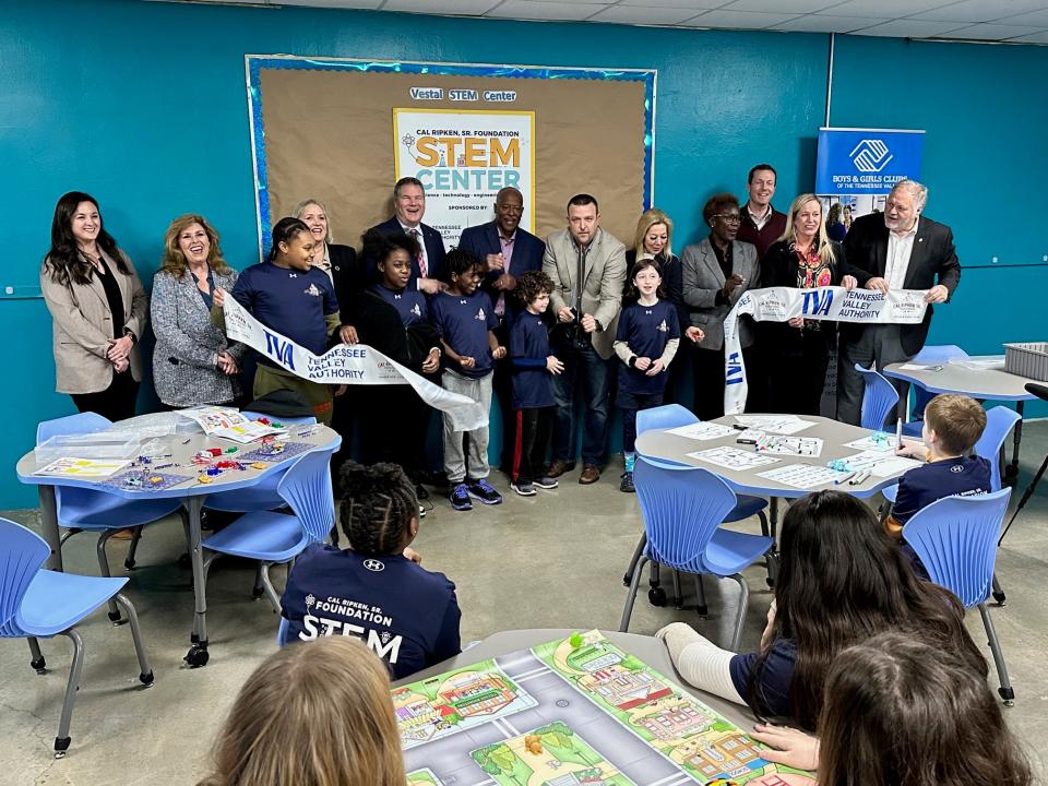 Elected officials including state Rep. Elaine Davis, Commissioners Carson Dailey and Larsen Jay, along with state Sen. Becky Massey and other representatives of TVA and the Boys & Girls Club, cut the ribbon at the STEM center at the South Knoxville Boys & Girls Vestal Club on Jan. 26, 2024.